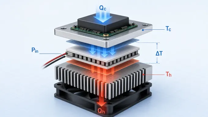 帕尔帖制冷系统分解图，显示电子热负载、冷板、TEC、散热器、风扇以及 Qc、Qh、Pin、Tc、Th 和 ΔT