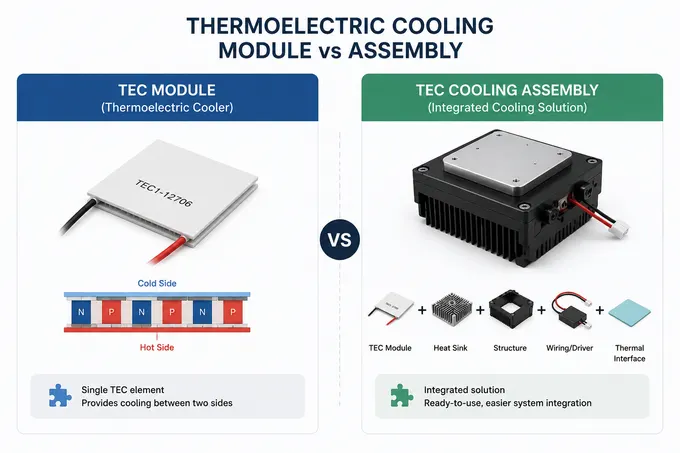 TEC 制冷片、定制 TEC 制冷模组与集成式半导体制冷组件对比示意图
