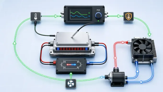 TEC 闭环温控系统图，显示冷板传感器、PID 控制器、双向驱动、热端保护、水泵、风扇和反馈信号
