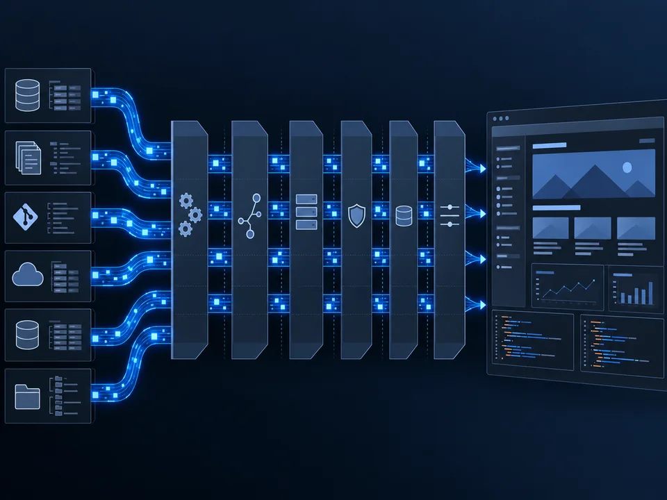 A horizontal software architecture connecting data sources, API layers and a digital experience interface