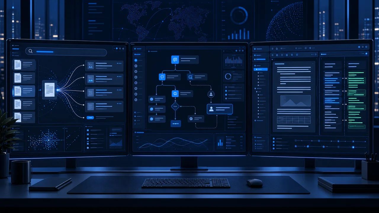Enterprise AI workspaces connecting knowledge search, inquiry routing, and content review.