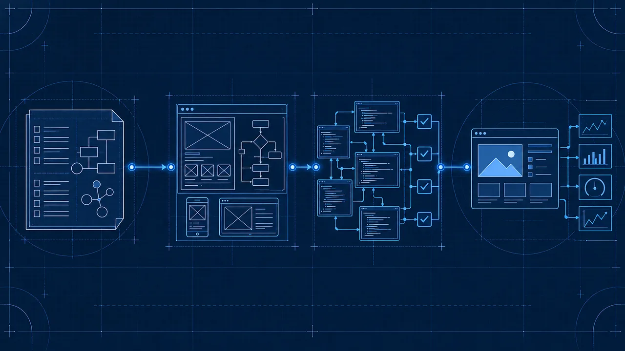 Four connected software delivery stages, from requirements and design to testing and operation.