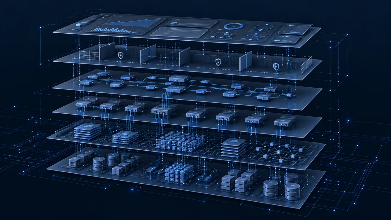Layered software architecture connecting data, knowledge, orchestration, access controls, and applications.