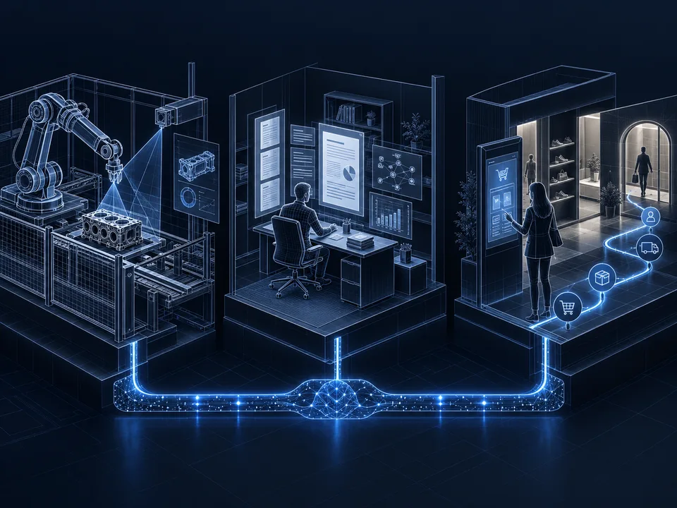 Wireframe concept scenes showing industrial inspection, knowledge work and a commercial service journey